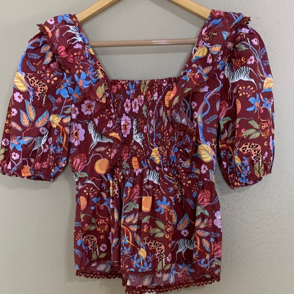 Maeve by Anthropologie‎ Ruffled Tie-Front Blouse Safari Animal Print Boho Top XS - Picture 5 of 7